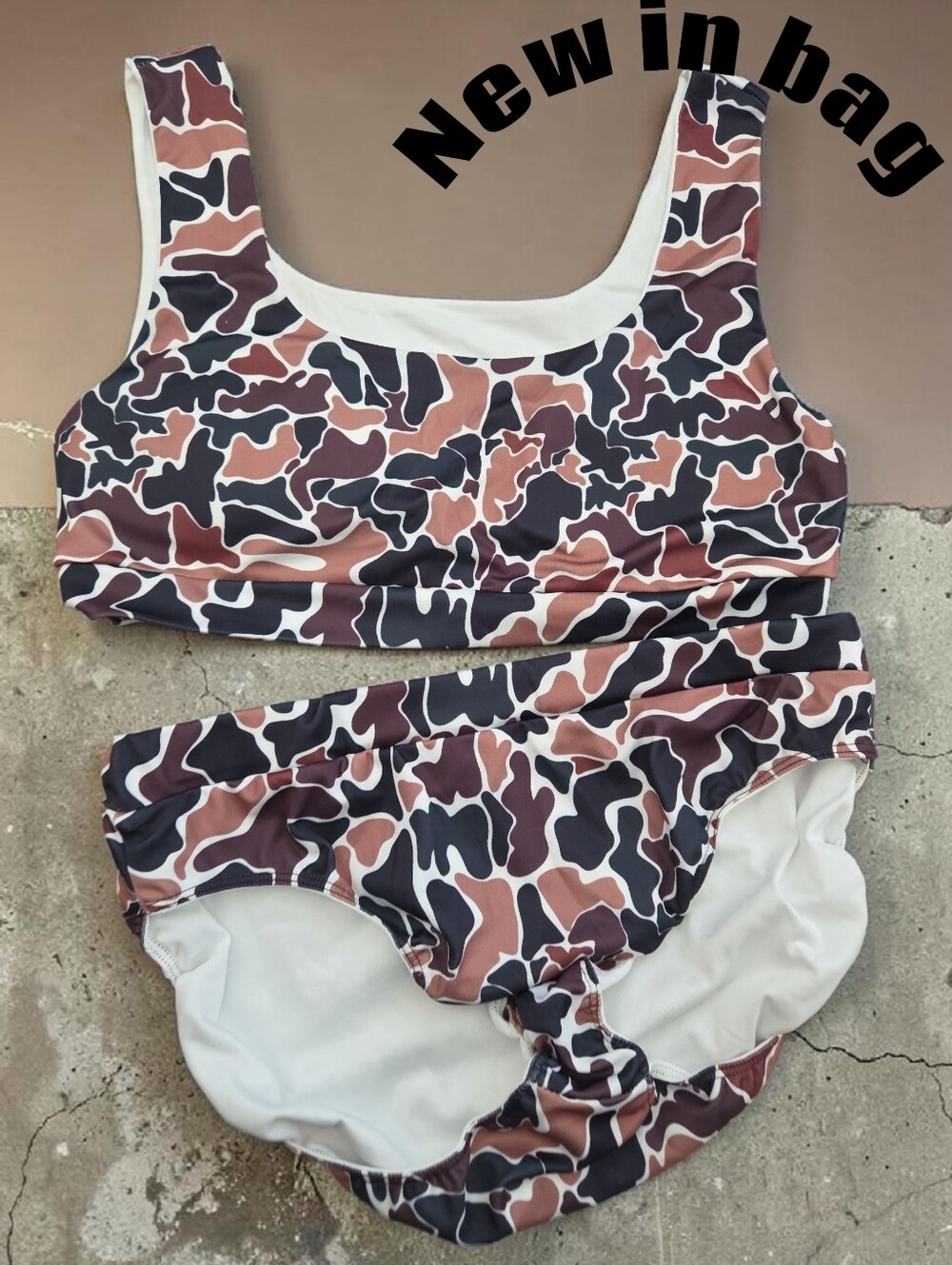 New in bag camo 2pc Bikini set Women size M